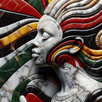 Create an image of a marbled sculpture of an African American woman, stylized in the Pan-African color scheme. The sculpture should have intricate carvings that weave the red, black, green, and yellow colors throughout, reflecting the rich cultural heritage of Pan-Africanism. The woman's features are gracefully crafted from marble, with her hair and attire detailed in these vibrant colors. The background should be subtle to allow the colors of the sculpture to stand out, symbolizing the strength and beauty of the Pan-African identity.