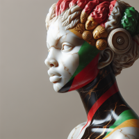 Create an image of a marbled sculpture of an African American woman, brown skin, stylized in the Pan-African color scheme. The sculpture should have intricate carvings that weave the red, black, green, and yellow colors throughout, reflecting the rich cultural heritage of Pan-Africanism. The woman's features are gracefully crafted from marble, with her hair and attire detailed in these vibrant colors. The background should be subtle to allow the colors of the sculpture to stand out, symbolizing the strength and beauty of the Pan-African identity.