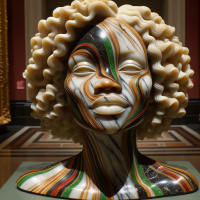 Create an image of a marbled sculpture of an African American woman, brown skin, stylized in the Pan-African color scheme. The sculpture should have intricate carvings that weave the red, black, green, and yellow colors throughout, reflecting the rich cultural heritage of Pan-Africanism. The woman's features are gracefully crafted from marble, with her hair and attire detailed in these vibrant colors. The background should be subtle to allow the colors of the sculpture to stand out, symbolizing the strength and beauty of the Pan-African identity, the sculpture is in the museaum