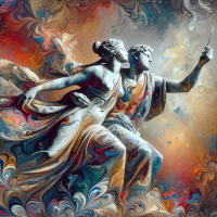 Create a seamless illustration that merges the classical style of a marble sculpture with the dynamic and flowing patterns of marbleized art. The image should depict an African American couple as marble statues, their intimate pose and classical drapery reimagined with a vibrant, swirling mix of colors from the second image. The marbling effect should be intricate, with the colors blending and flowing throughout their garments and the background, transforming the traditional sculpture into a modern work of art that maintains its classical roots while adding a contemporary, colorful twist.arbled wallpaper using pan african colors
