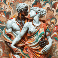 Create a seamless illustration that merges the classical style of a marble sculpture with the dynamic and flowing patterns of marbleized art. The image should depict an African American brown skinned couple  as marble statues, their intimate pose and classical drapery reimagined with a pan african color, swirling mix of colors from the second image. The marbling effect should be intricate, with the colors blending and flowing throughout their garments and the background, transforming the traditional sculpture into a modern work of art that maintains its classical roots while adding a contemporary, colorful twist, marbled wallpaper using glossy pan african colors